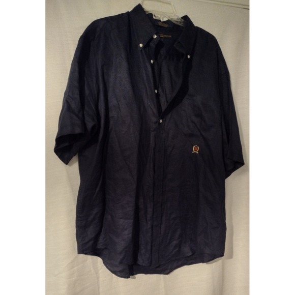 Tommy Hilfiger Other - Tommy Hilfiger Mens XL Navy Blue Linen Cotton Button-Down Shirt Embroidered Logo